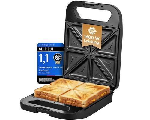 ProfiCook Sandwichmaker PC-ST 1329, 4-Sandwich Antihaftgerät, 1600W