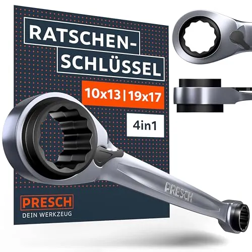 PRESCH Doppel Ratschenschlüssel 10 13 17 19 mm - Umschaltbare Ratschenfunktion - Präzisionsgefertigt mit 90 Zähnen & 4° Rückholwinkel - 4 Größen in einem Schlüssel - 4 in 1 Ringratschenschlüssel
