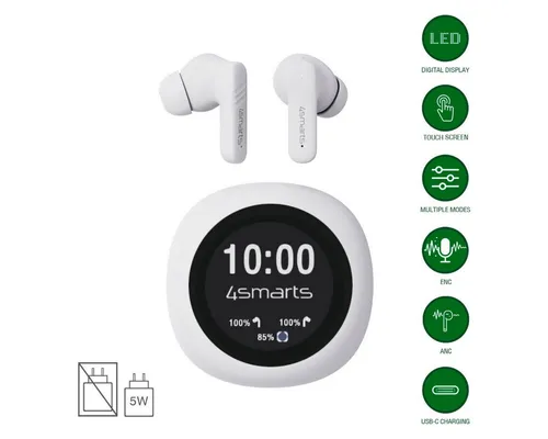 4smarts TWS Bluetooth Kopfhörer SkyBuds Screen Pro ANC, weiß - Kopfhörer mit aktiver Geräuschunterdrückung (ANC) für ungestörtes Hören, ideal für Musikliebhaber und Pendler.