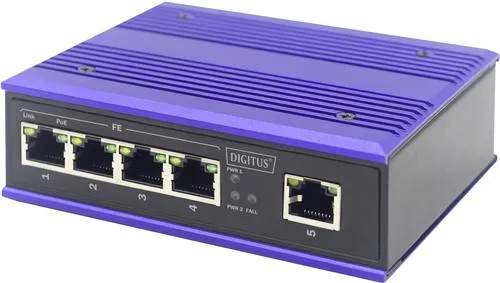Digitus DN-650107 Industrial Ethernet Switch - SWITCHES - Robuster Fast Ethernet Switch für raue Umgebungen mit PoE Unterstützung, ideal für industrielle Anwendungen mit Temperaturbereich von -40°C bis 85°C.
