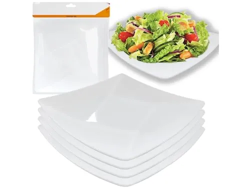 Przydasie 4 Weiße Plastikteller - quadratische Kunststoffteller 20,5cm dick Tellerset Mehrweg Kunststoffteller, Partyteller für Hochzeiten, Geburtstage, Partys - Elegantes & Stabiles Partygeschirr