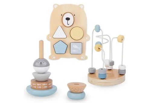Mamabrum Spielcenter Holzspielzeug-Set - Motorikspielzeug für Kinder ab 12 Monaten mit Motorikschleife, Formensortierer und Stapelspiel – fördert spielerisch die Hand-Auge-Koordination und Kreativität.