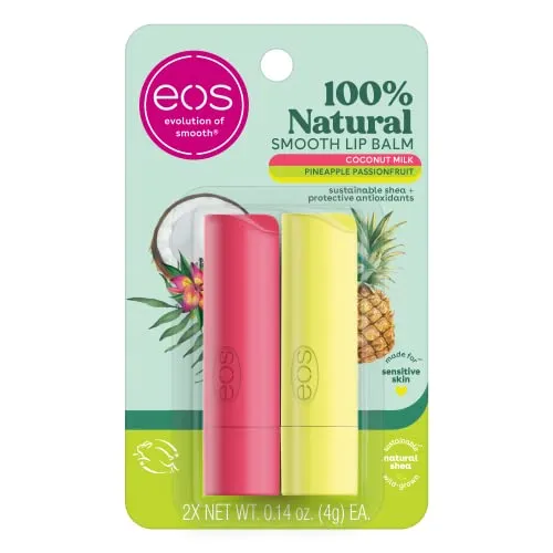 eos Superweicher Shea-Lippenbalsam – Kokosmilch und Ananas-Passionsfrucht | 24-Stunden-Hydration | Lippenpflege zur Befeuchtung trockener Lippen | glutenfrei | 4 g | 2 Stück