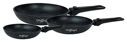 tlg Pfannenset mit abnehmbaren Griffen - Pfannen Set mit antihaft marmorierter Beschichtung für einfaches Wenden und leichte Reinigung. Ideal für alle Herdarten, einschließlich Induktion. Ergonomischer Griff für komfortables Kochen.