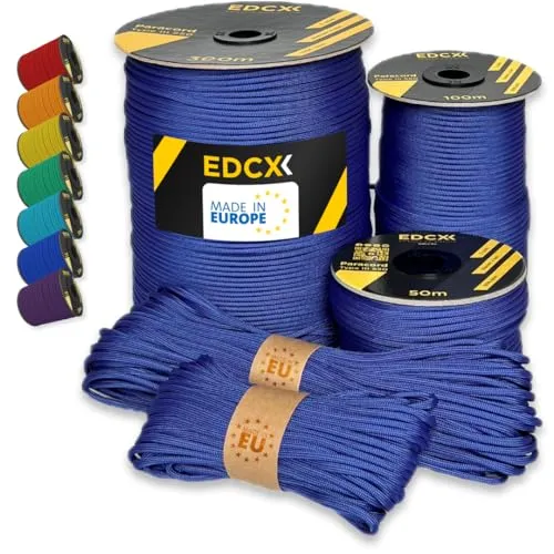 EdcX Paracord 550 Typ III 4 mm – 7 Kern-Strängen, 100% Nylon, reißfest bis 250 kg – 35+ Farben (10/15/30/50/100/300 m) – Survival-Seil, Fallschirmschnur, Zeltleine | Made in EU (Royal Blue, 100 m)