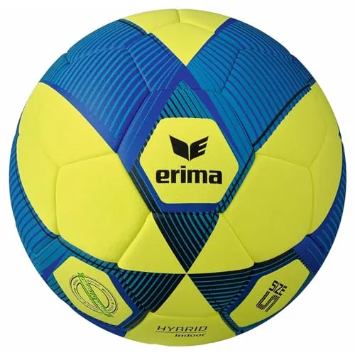 Erima Unisex HYBRID Indoor Fußball 5, gelb/New royal - Trainingsbälle für Fußball, abriebfestes Mikrofaser-PU mit Filzbeschichtung für optimale Spielbarkeit und Langlebigkeit