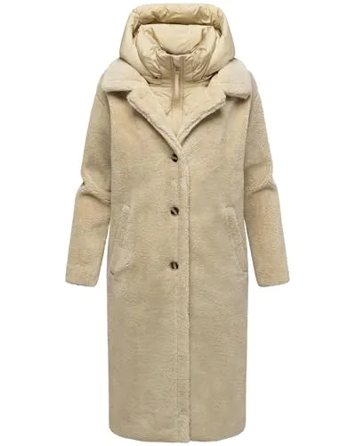Navahoo Damen Plüschmantel Teddyzauber 14 Beige Gr. L - Stylischer Plüschmantel aus weichem Teddyfleece mit abnehmbarem Krageneinsatz. Ideal für kühle Tage – bietet hohen Tragekomfort und Bewegungsfreiheit dank Oversize-Schnitt und Gehschlitzen. Perfekt für den Winter!