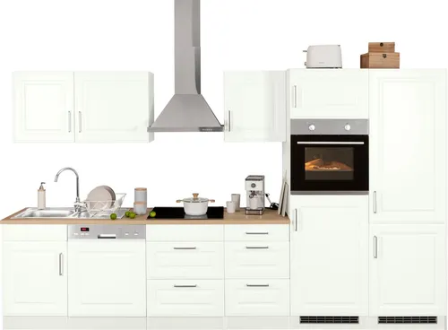 KOCHSTATION Küchenzeile KS-Stockholm – Küche mit hochwertiger und detailreicher Landhausfront, Breite 340 cm, wahlweise mit E-Geräten,mit MDF-Fronten