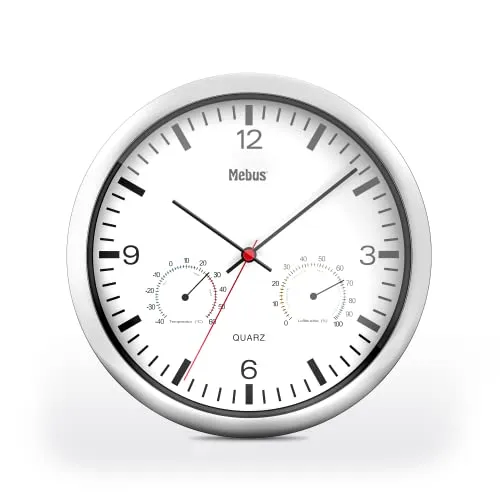 Mebus Quarz-Wanduhr mit Thermometer und Hygrometer/silberner Rahmen/weißes Zifferblatt / 25cm Durchmesser/Rund/Modell: 56730 / Farbe: Silber, Weiß