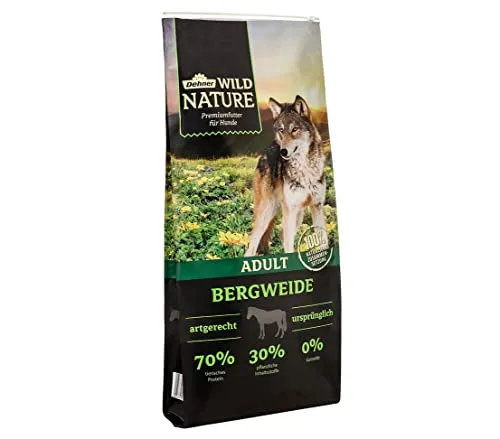 Dehner Wild Nature Hundetrockenfutter Bergweide | Getreidefreies Premiumfutter mit hohem Fleischgehalt - Premium Hundefutter für ausgewachsene Hunde, ideal für sensible Vierbeiner. 100% natürliche, getreidefreie Rezeptur mit Pferdefleisch und wertvollen pflanzlichen Zutaten.