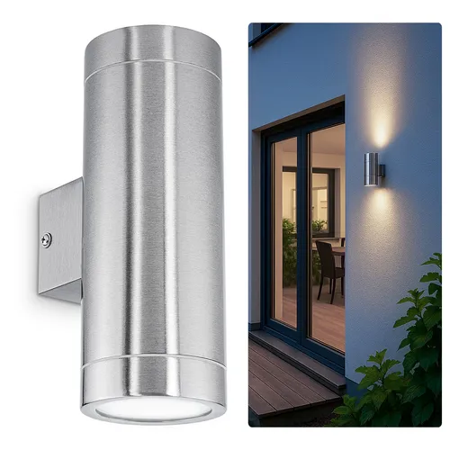TIRA Up Down Außenwandleuchte Edelstahl IP44 - 2x GU10 LED - Moderne Wandstrahler für Innen und Außen, energieeffizient mit IP44 Schutz und neutralweißem Licht für stilvolle Akzentbeleuchtung.