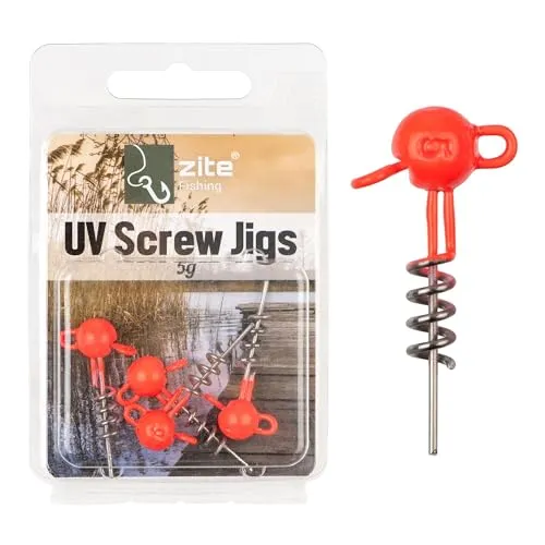 Zite Fishing Screw-In-Jigs 5-20g 5er-Pack | Screw-Jigköpfe Blei langlebig Raubfisch-Angeln | Schraubspirale Gummifisch-System | Korkenzieher Screw Jigheads Hecht, Zander, Barsch (UV-Aktiv, 5 g)