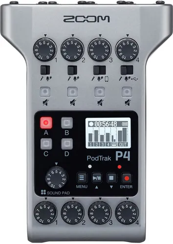 Zoom P4 PodTrak Handheld Recorder - Audio-Interface mit 4 XLR-Eingängen, ideal für Podcasts und Interviews, ermöglicht professionelle Aufnahmen überall.