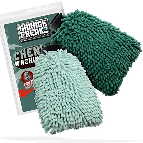 Auto Waschhandschuh 2er Pack - Chenille Washing Glove Set mit extrem weichen Mikrofasern - Wash Mitt für eine schonende Lackpflege - 1x Dunkelgrün, 1x Hellgrün - Garage Freaks