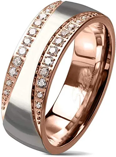 viva-adorno® Damen Ring Verlobungsring Edelstahl zweifarbig Rosegold Silber mit 2 Zirkonia Bändern RS60, Gr. 52