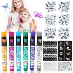 Tattoo Stifte Kinder 6er Set mit Glitzer und Schablonen - Entfessle die Kreativität deines Kindes mit diesen 6 Glitzer-Tattoo-Stiften! Ideal für Partys und Verkleidungen, inklusive 8 Schablonen und 2 Gesichts-Edelstein-Aufkleber für fantasievolle Designs. Leicht abwaschbar und hautfreundlich.