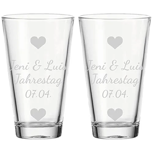 LUXENTU Trinkglas mit Gravur, 300 ml, 2er Set, Wasserglas mit Herzchen-Motiv gefüllt, Personalisierte Gläser für die Hochzeit & Verlobung, Spülmaschinenfest, 3 Zeilen konfigurierbar