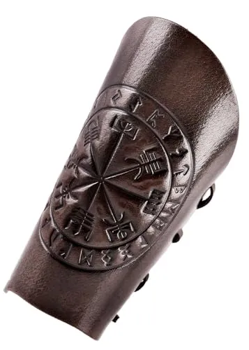 Armschützer braun aus Leder mit Vegvisir-Prägung - Ausrüstung & Zubehör, handgefertigte Lederarmschützer mit einzigartiger Vegvisir-Prägung für authentische Mittelalter-Rollenspiele.