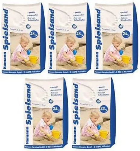 Hamann Mercatus Spielsand Classic 5 x 25 kg - Besonders feiner Spielsand mit optimaler Formstabilität für Sandkästen. Ideal für kreative Sandkuchen und sicheres Spielen. Erfüllt höchste Qualitätsstandards für den Einsatz in Kitas und Kindergärten.