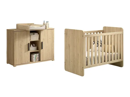 aufm Kessel Babyzimmer-Komplettset Keelia Eiche - 3-teiliges Babyzimmer Set mit Bett, Kommode und Wickelaufsatz aus stabiler Spanplatte in Eiche Melamin Dekor. Praktische Komplettlösung mit langlebiger, pflegeleichter Oberfläche und sicherem, modernem Design für Ihr Babyzimmer.
