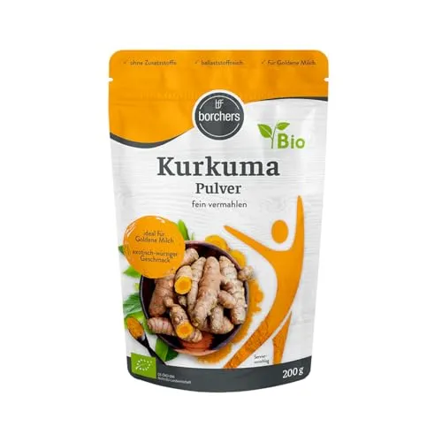 borchers Bio Kurkuma Pulver | Bio Qualität | Vegan | Zuckerarm | Für Kurkuma-Latte & Goldene Milch | 200 g