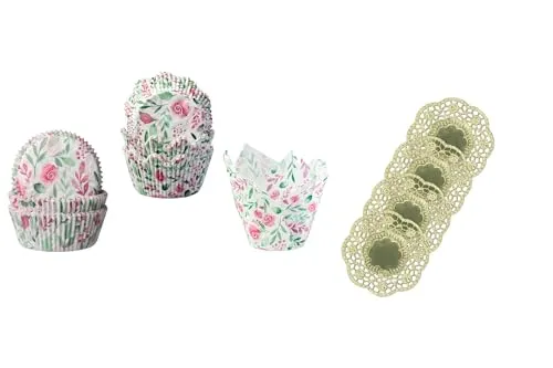 Demmler Set Cupcakeförmchen, Kronenbackförmchen, Tulpenförmchen - Cupcakeförmchen mit den Motiven Rosen inklusive 4 Tassendeckchen in Gold - Insgesamt 134 Stück - Made in Germany