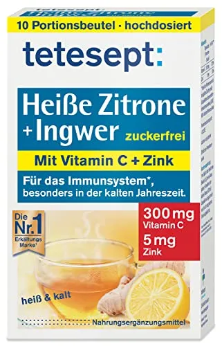 tetesept Heiße Zitrone mit Ingwer – Instant Pulver zuckerfrei mit Zink & Vitamin C - Abwehrkräfte und Immunsystem unterstützen – 1 Packung à 10 Beutel