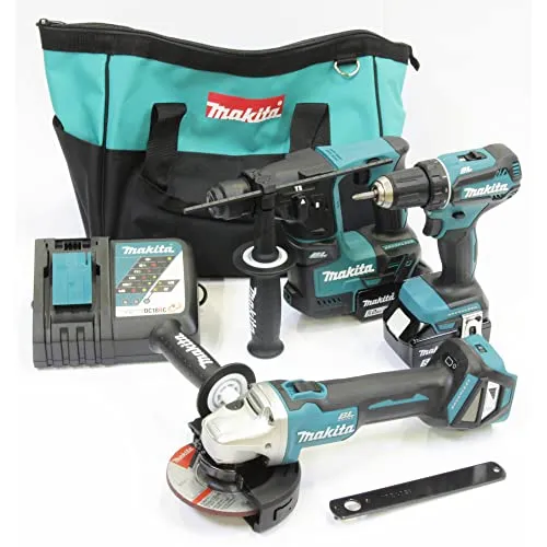 Makita DLX3179TX1 Akku-Kombo-Kit 18V - Werkzeugset mit DDF485 Bohrschrauber, DHR171 Bohrhammer und DGA511 Winkelschleifer. Ideal für Bau- und Renovierungsarbeiten, inklusive 2 leistungsstarker 5,0 Ah Akkus und Schnellladegerät.