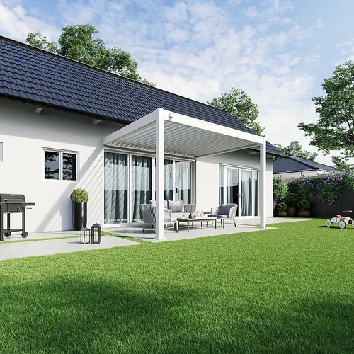 Weide Deluxe Wandpergola 3x3,6 m - Wetterfester Aluminium Pavillon mit Lamellendach - Pavillon aus Aluminium mit stufenlos neigbaren Lamellen für optimalen Sonnenschutz und Belüftung – ideal für Terrassen und Balkone, wetterfest und langlebig.
