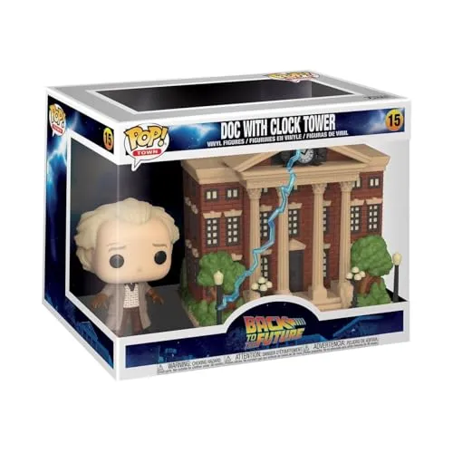 Funko Pop! Town: BTTF - Dr. Emmett Brown - Doc mit Clock Tower - Chibi Figuren - Hochwertige Vinyl-Sammelfigur mit 9,5 cm Höhe, ideal für Sammler und Fans von Back to the Future, perfektes Geschenk für jeden Anlass.
