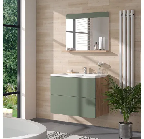 Vicco Badspiegel Izan, Goldkraft Eiche/Grün, 80.1 x 62 cm mit Ablage