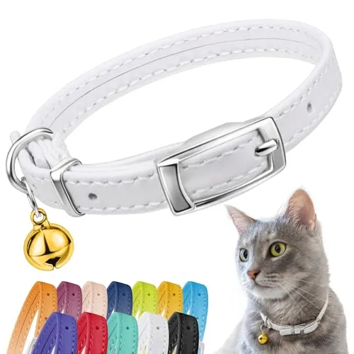 CollarDirect Leder Katzenhalsband mit Sicherheitsverschluss und Glocke 23-28 cm Weiß