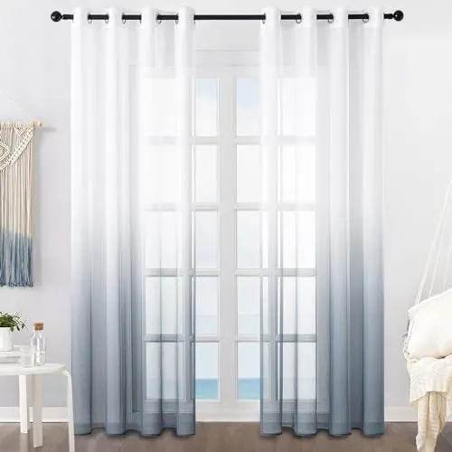 MRTREES Voile Gardinen Farbverlauf Leinenoptik Transparent Vorhang Kurz Tüllvorhang mit Ösen in Grau Weiß Verlauf 160×140cm (H×B) Modern für Dekoration Kinderzimmer Wohnzimmer Schlafzimmer 2er-Set