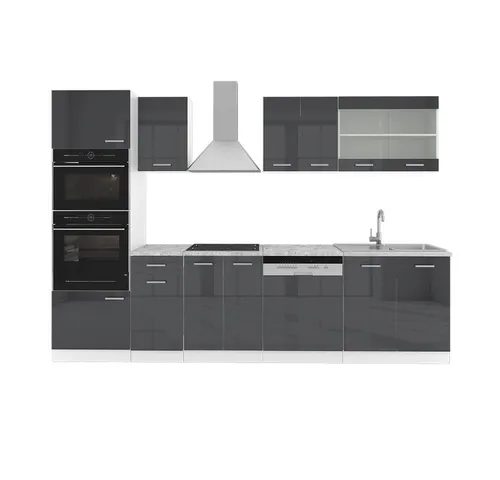 VICCO Küche R-Line 300cm - Hochglanz Küchenzeile in Anthrazit - Küchenzeilen mit hochwertigem Material für höchste Nutzungskomfort und Pflegeleichtigkeit, variabel aufstellbar für flexible Gestaltungsmöglichkeiten.