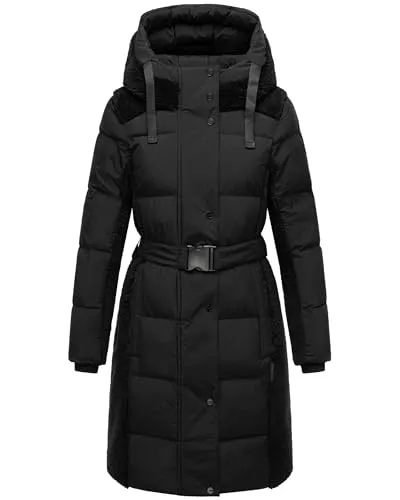 Navahoo Damen Winter Steppmantel warmer Plüschmantel mit Taillengürtel in Material-Mix mit Teddyfell Funkelteddy 14 Black Gr. M