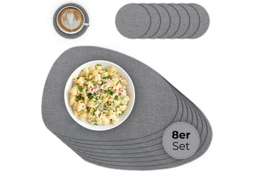 matches21 HOME & HOBBY Platzset Ovales Tischset mit Glasuntersetzer, 8er Set, in Grau meliert, (8-St), Hitzebeständige abwaschbare PVC Platzsets