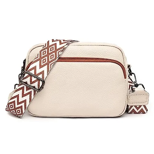 TIAASTAP Damen Handy Umhängetasche aus echtem Leder - Umhängetasche aus echtem Leder mit breitem Schultergurt, 3 Reißverschlussfächern und modernem Design, ideal für den Alltag.