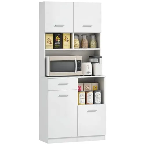 HOMCOM Küchenschrank mit Soft-Close-Türen - Midi- & Hochschrank für Küchen mit verstellbarem Regal und Schublade, bietet leises Schließen und viel Stauraum für eine organisierte Küche.