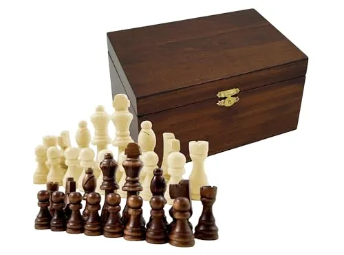 Holz Schachfiguren in Holzbox Königshöhe 63 mm - Staunton Design Schach Holzfiguren mit Filzgleiter in edler Holz Geschenkbox braun Gr. M König 63mm Springer handgeschnitzt