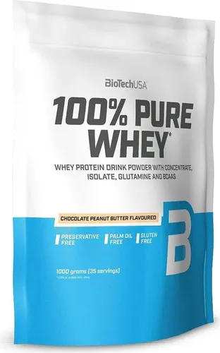 BioTechUSA 100% Pure Whey - Proteinpulver mit BCAA & Glutamin, 1 kg Schokolade-Erdnussbutter - Molkenprotein mit 21g Protein pro Portion, glutenfrei und ideal für Fitnessbegeisterte, die Geschmack und Nährstoffe schätzen.