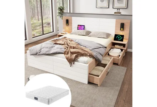 OKWISH Polsterbett Bettanlage mit Stauraum (Doppelbett, Holzbett, 2-tlg., 160×200cm, mit Matratze), mit 2 Schubladen, 2 Nachtkommode, Leselicht&USB Ladefunktion