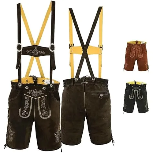 German Wear Trachtenlederhose GW720 - Kurze Trachtenhose mit Hosenträgern - Herren-Trachten aus 100% Wildleder, dunkelbraun, ideal für festliche Anlässe und bequem zu tragen.