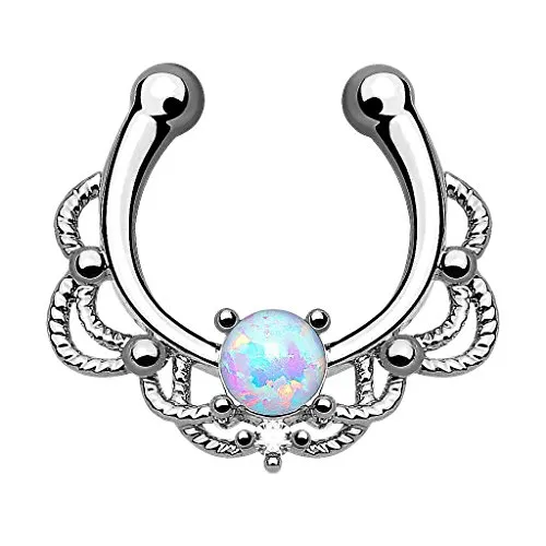 Piercingfaktor® Fake Piercing Universal Ring Septum Vintage Tribal mit Opal Nasen Lippen Helix Ohr Intim Tragus Nippel Hufeisen Horseshoe Lippenbändchen Silber Weiß