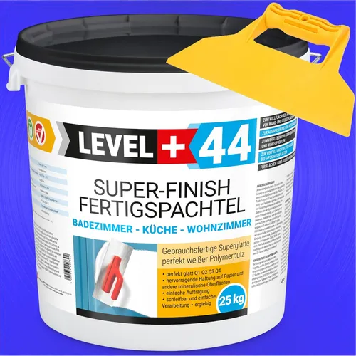 Super Finish Spachtelmasse Fertig 25kg Glätt Q4 Set mit Kunststoffspachtel - Fugenmörtel & Putz, gebrauchsfertig und schleifbar, ideal für eine perfekte Wandoberfläche mit einer Abdeckung von bis zu 25m².