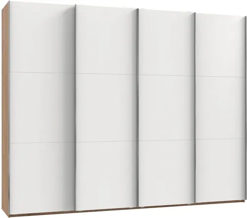 Schwebetürenschrank Level 36 in Weiß und Eiche - 300 cm - Kleiderschrank für Erwachsene mit 4 Schiebetüren, 3 Regalfächern und Kleiderstange. Modernes Design, Made in Germany, ideal für Ihr Schlafzimmer.