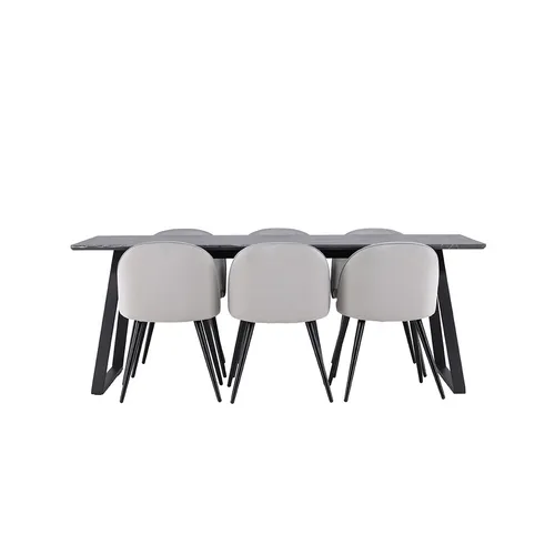 ebuy24 Essgruppe Malaga - 7-tlg. Esstisch 90x200cm in Dunkelgrau - Essgruppen für stilvolle Esszimmer, mit robustem MDF-Tisch und bequemen Stühlen aus Polyester, ideal für gesellige Runden.