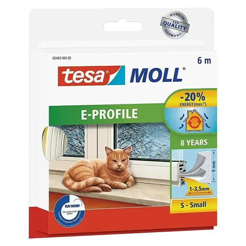 Tesa Moll E-Profile Dichtung Gummidichtung 6 m - Tesa Moll E-Profile Dichtung ist eine selbstklebende Gummidichtung, die einfach auf Fenster und Türen montiert werden kann. Sie schützt vor Zugluft und verbessert den Wohnkomfort. Ideal für Spalten von 1–3,5 mm.