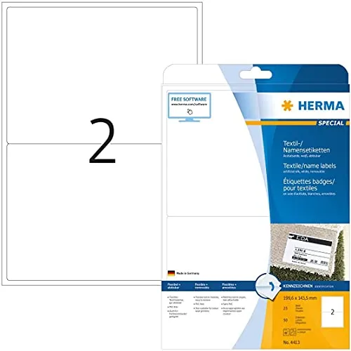 HERMA 4413 Namensetiketten DIN A4 ablösbar (199,6 x 143,5 mm, 25 Blatt, Acetatseide) selbstklebend, bedruckbar, rückstandsfrei abziehbare Namensaufkleber, 50 Klebeetiketten, weiß