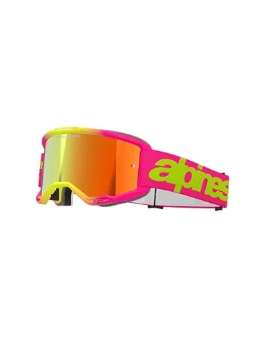 Alpinestars Vision 5 Wordmark Crossbrille - Neon Pink/Gelb Rot-Verspiegelt - Sportbrillen für Profis mit extrem biegsamem A-FLEX-Rahmen und Anti-Fog-Glas für 100% UVA-Schutz. Ideal für Rennen und Trails, bietet unvergleichliche Passform und Leistung.