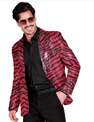 Widmann S.r.l. Kostüm Pailletten Anzugjacke pinkt getigert Herren XL - Stylische Pailletten-Anzugjacke für Herren in Rosa/Pink, ideal für Karneval und Partys. Setze ein modisches Statement und sei der Hingucker auf jedem Event!